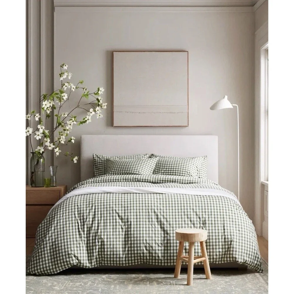 Quince Organic Crisp Percale Duvet Cover Set King| Cal King Cotton Gingham Olive